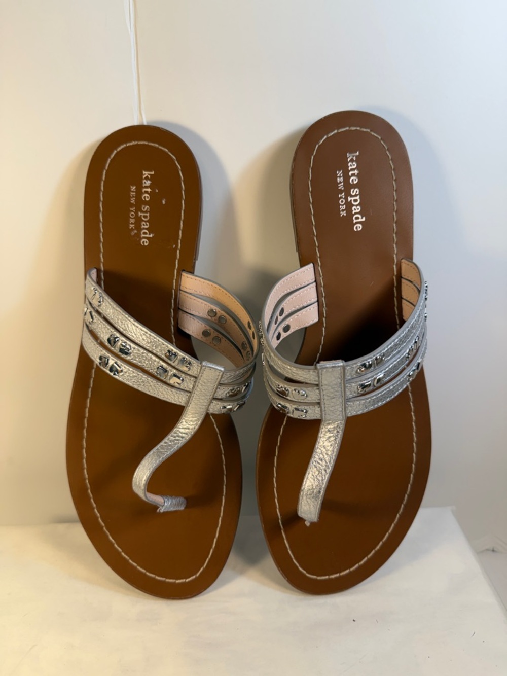 kate spade Metallic Silver Studded Toe-Loop Sandals